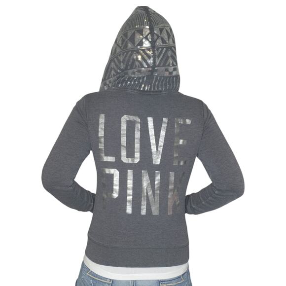 Victorias Secret Pink Sweater Womens XS Gray Silver Sequin Sparkly Full Zip - Picture 1 of 16